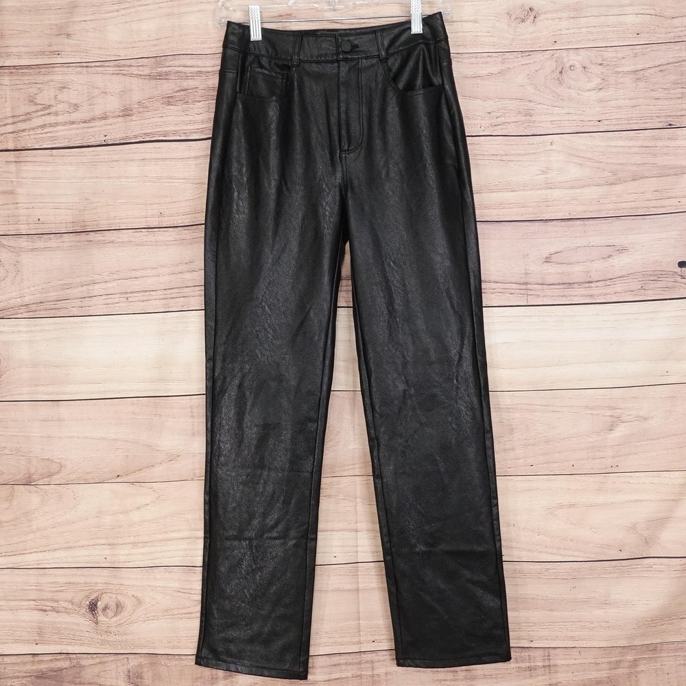 Paige Pants Womens 25 Black Faux Leather Dress Slim Stretch Zip Pockets 26x28